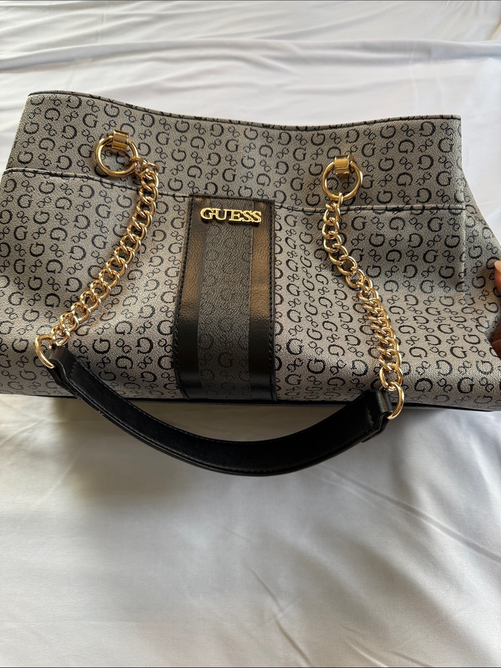 GUESS Gray Logo Tote with Black Trim and Gold Chain Handles